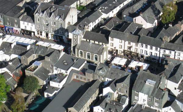 Aerial photo by Simon Ledingham showing the Moot Hall in the centre of the Market Square.